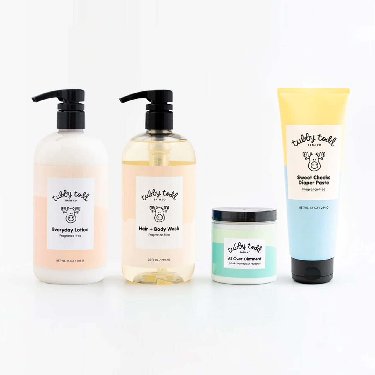 Fragrance-Free 25oz bottles with All Over Ointment and Sweet Cheeks Diaper Paste against white background